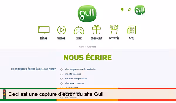 Page de contact du site Gulli affichant le formulaire de réclamation à remplir