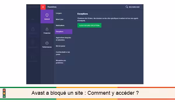 Fenêtre Exceptions d'Avast et bouton Ajouter une exception