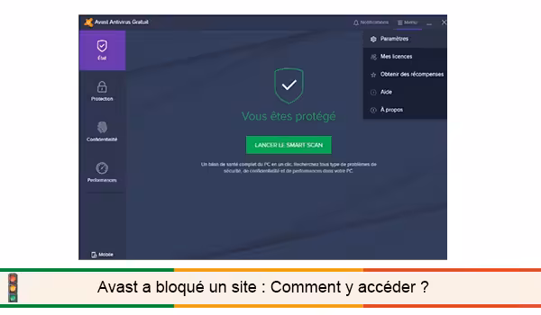 Écran principal du logiciel Avast avec le bouton Menu en haut à droite