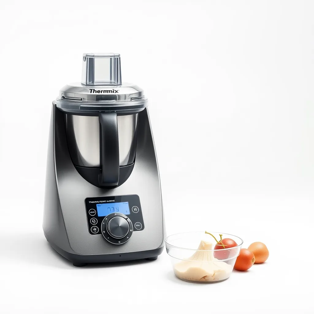 Bol d'un Thermomix ouvert sur un plan de travail, couteaux visibles et moteur à l'arrêt